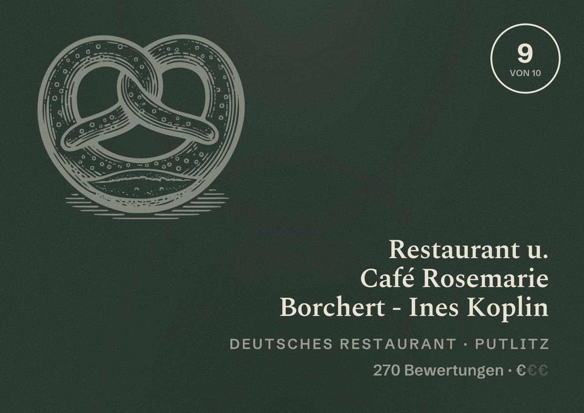 Illustriertes Poster von Restaurant u. Café Rosemarie Borchert - Ines Koplin, Deutsches Restaurant in Putlitz: Bewertung 9 von 10 aus 270 Bewertungen, Preisniveau €