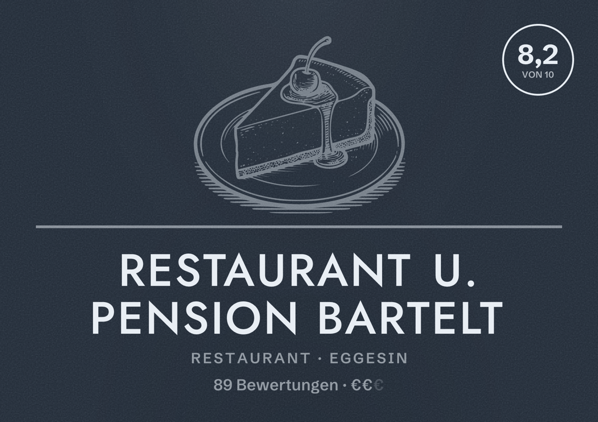Illustriertes Poster von Restaurant u. Pension Bartelt, Restaurant in Eggesin: Bewertung 8,2 von 10 aus 89 Bewertungen, Preisniveau €€