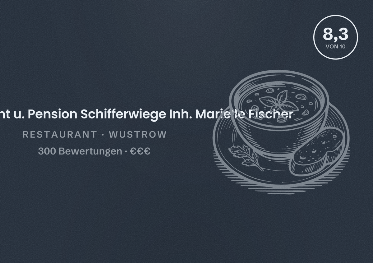 Illustriertes Poster von Restaurant u. Pension Schifferwiege Inh. Marielle Fischer, Restaurant in Wustrow: Bewertung 8,3 von 10 aus 300 Bewertungen, Preisniveau €€€