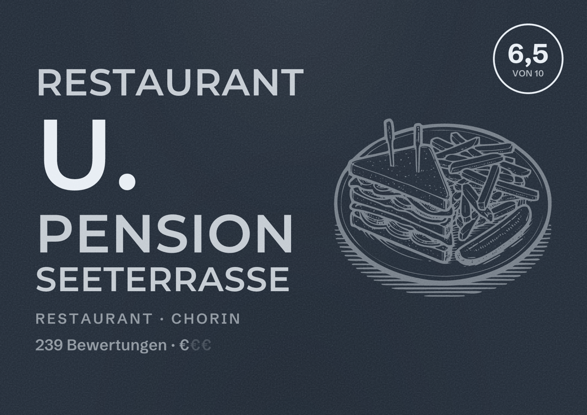 Illustriertes Poster von Restaurant u. Pension Seeterrasse, Restaurant in Chorin: Bewertung 6,5 von 10 aus 239 Bewertungen, Preisniveau €