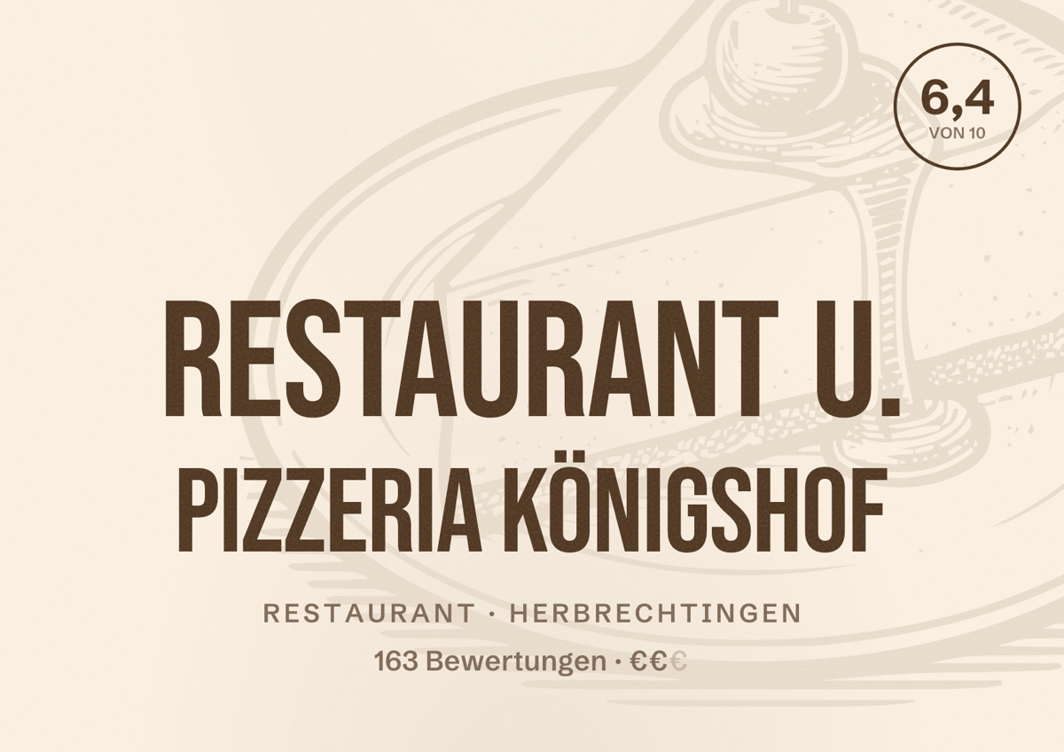 Illustriertes Poster von Restaurant u. Pizzeria Königshof, Restaurant in Herbrechtingen: Bewertung 6,4 von 10 aus 163 Bewertungen, Preisniveau €€