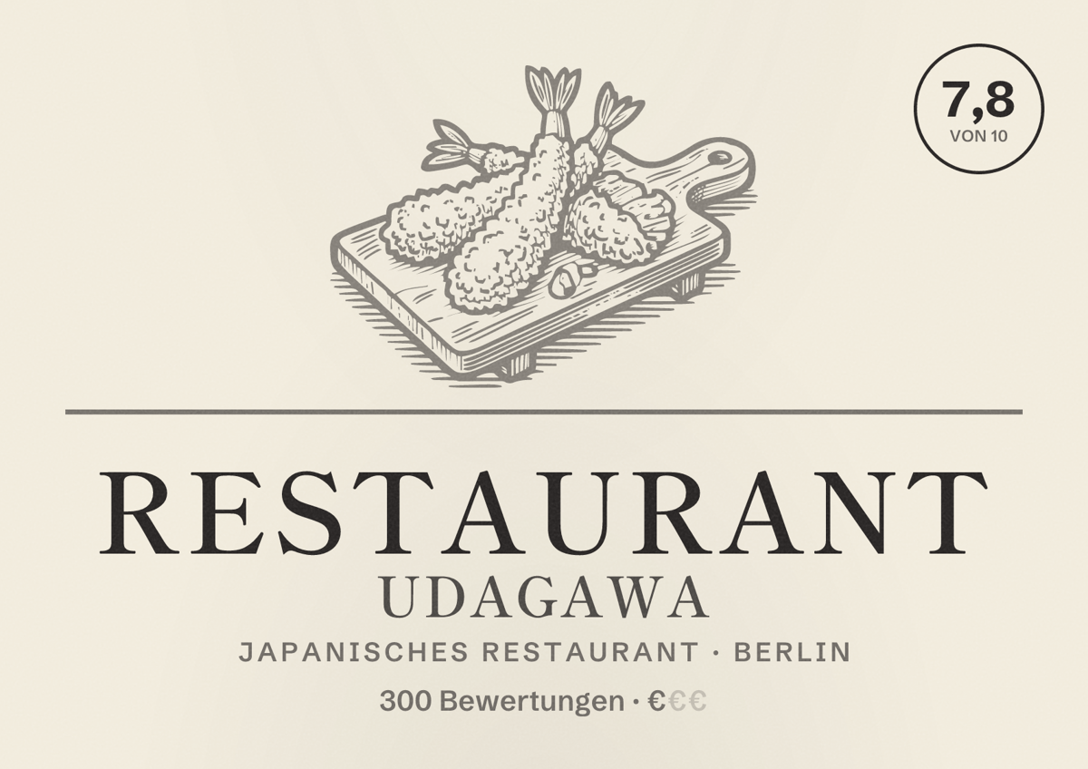Illustriertes Poster von Restaurant Udagawa, Japanisches Restaurant in Berlin: Bewertung 7,8 von 10 aus 300 Bewertungen, Preisniveau €