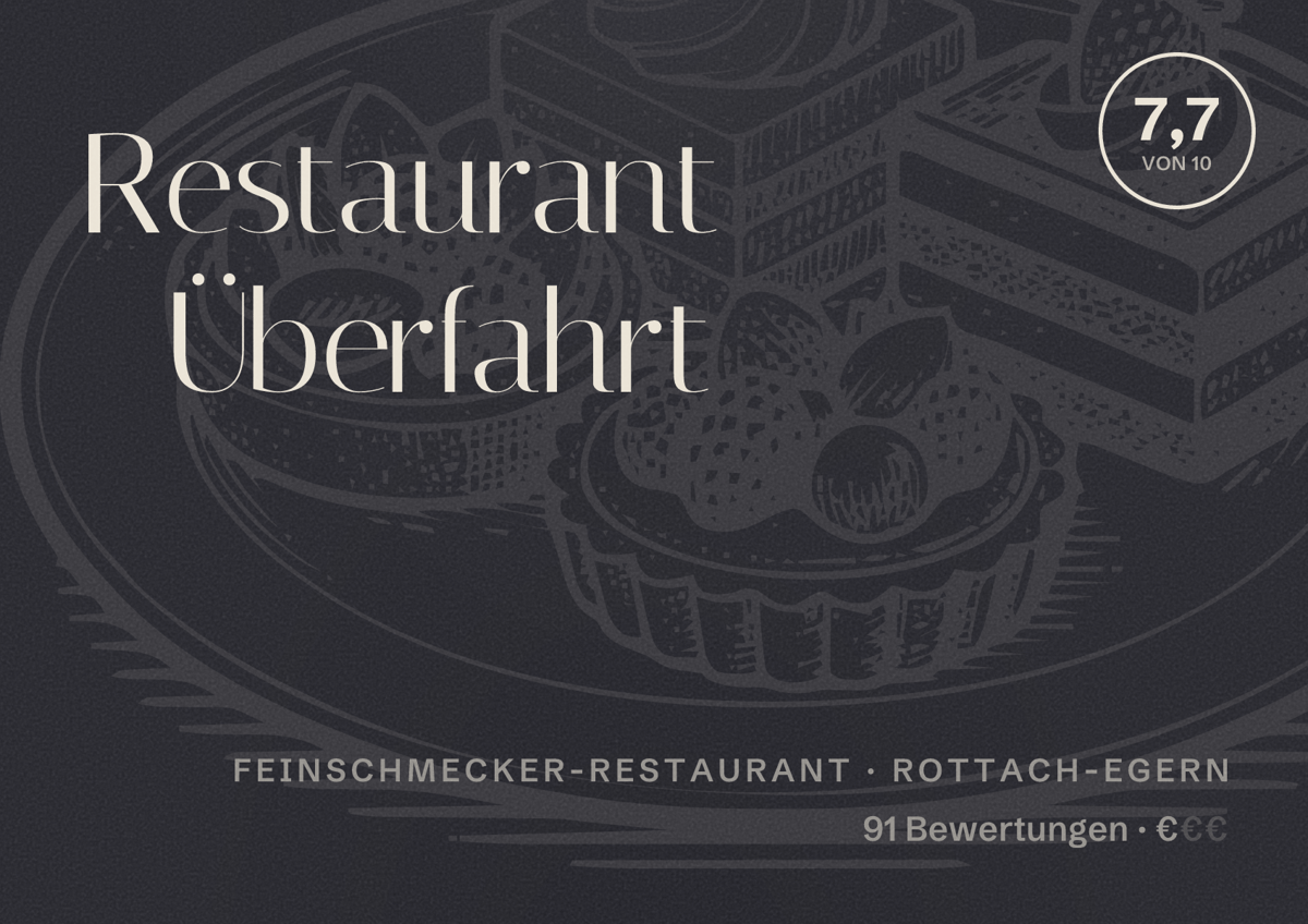 Illustriertes Poster von Restaurant Überfahrt, Feinschmecker-Restaurant in Rottach-Egern: Bewertung 7,7 von 10 aus 91 Bewertungen, Preisniveau €