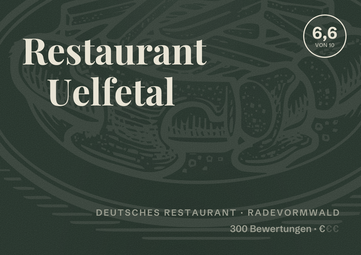 Illustriertes Poster von Restaurant Uelfetal, Deutsches Restaurant in Radevormwald: Bewertung 6,6 von 10 aus 300 Bewertungen, Preisniveau €