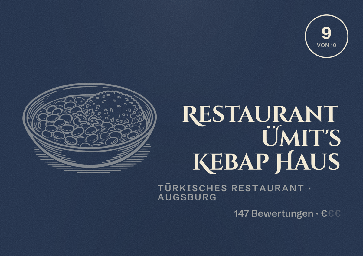 Illustriertes Poster von Restaurant Ümit's Kebap Haus, Türkisches Restaurant in Augsburg: Bewertung 9,0 von 10 aus 147 Bewertungen, Preisniveau €