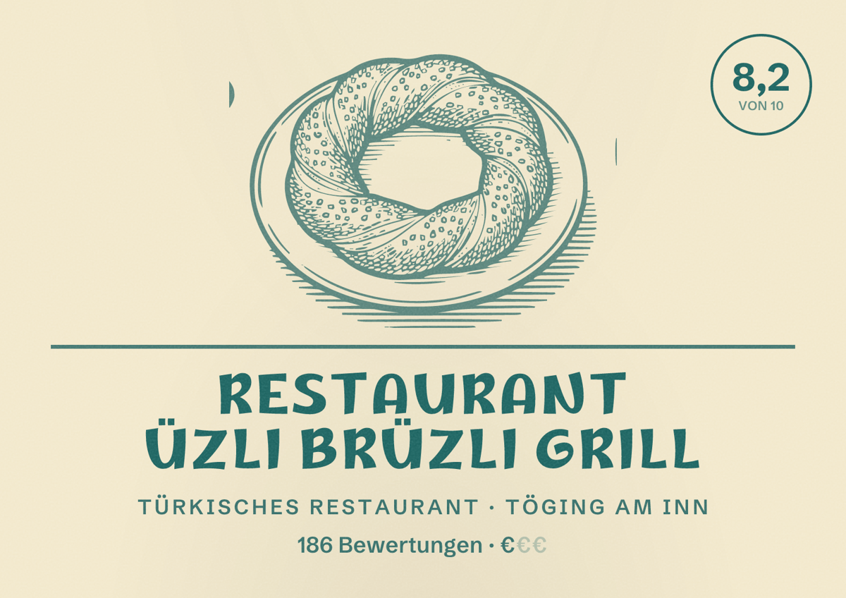 Illustriertes Poster von Restaurant Üzli Brüzli Grill, Türkisches Restaurant in Töging am Inn: Bewertung 8,2 von 10 aus 186 Bewertungen, Preisniveau €