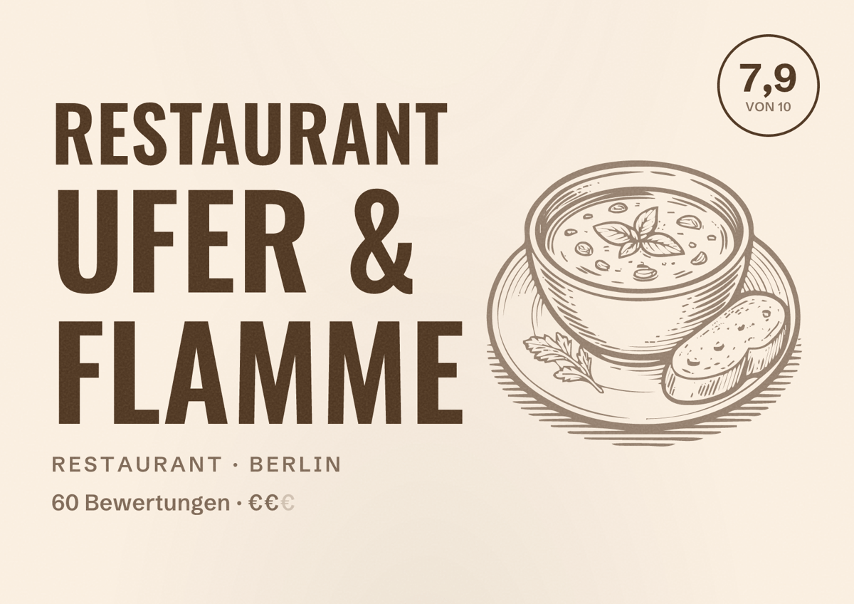 Illustriertes Poster von Restaurant Ufer & Flamme, Restaurant in Berlin: Bewertung 7,9 von 10 aus 60 Bewertungen, Preisniveau €€