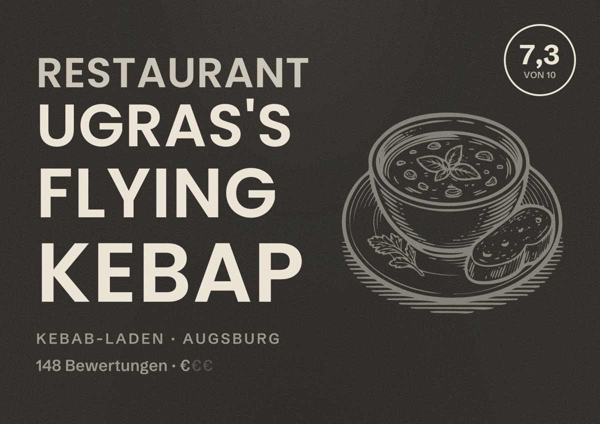 Illustriertes Poster von Restaurant Ugras's Flying Kebap, Kebab-Laden in Augsburg: Bewertung 7,3 von 10 aus 148 Bewertungen, Preisniveau €