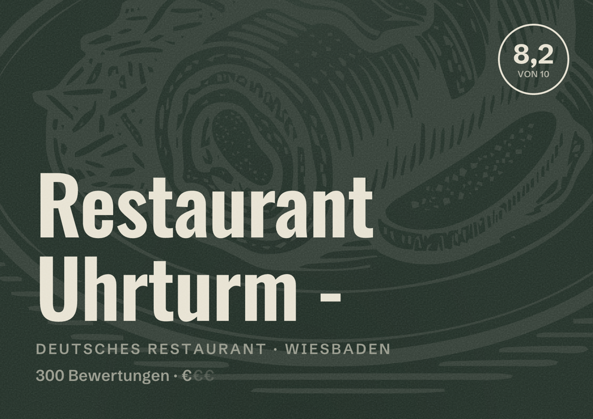 Illustriertes Poster von Restaurant Uhrturm -, Deutsches Restaurant in Wiesbaden: Bewertung 8,2 von 10 aus 300 Bewertungen, Preisniveau €