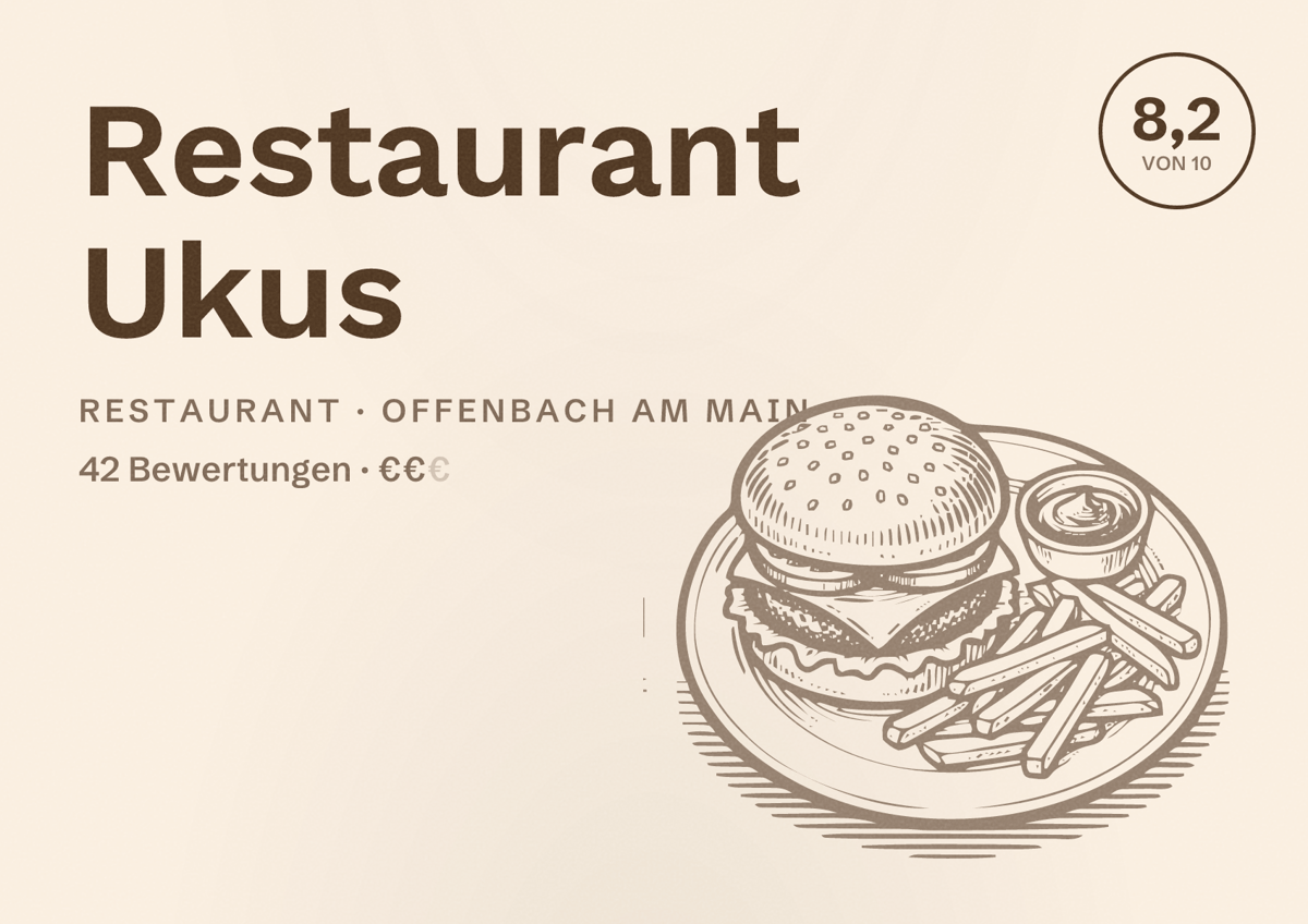 Illustriertes Poster von Restaurant Ukus, Restaurant in Offenbach am Main: Bewertung 8,2 von 10 aus 42 Bewertungen, Preisniveau €€