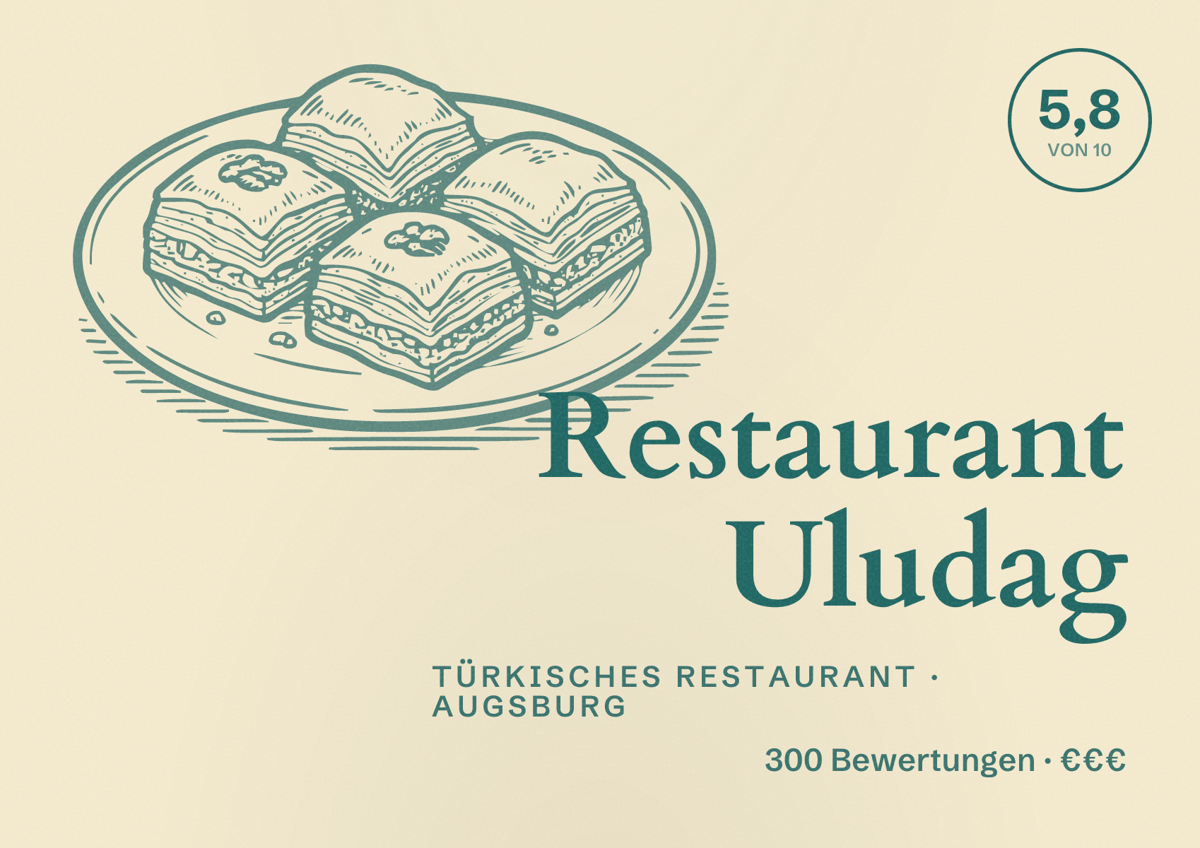 Illustriertes Poster von Restaurant Uludag, Türkisches Restaurant in Augsburg: Bewertung 5,8 von 10 aus 300 Bewertungen, Preisniveau €€€