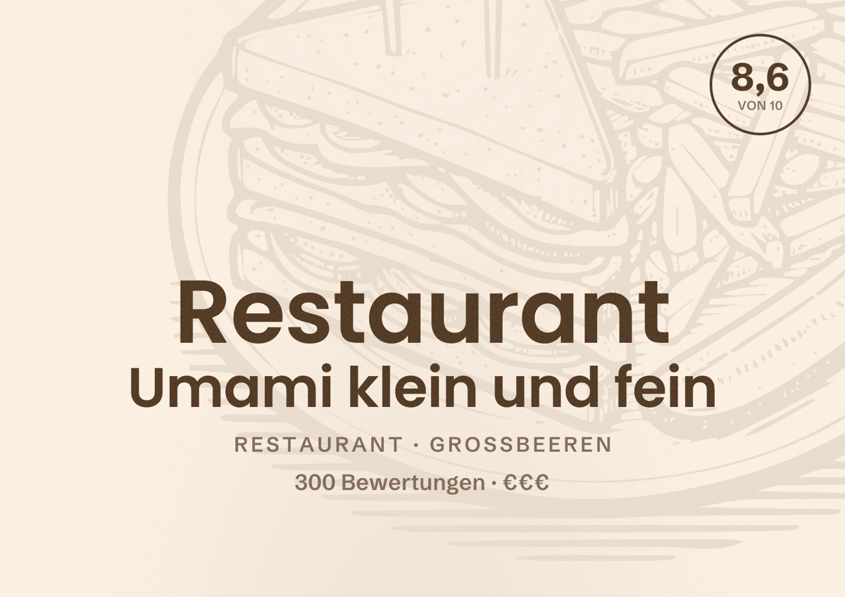 Illustriertes Poster von Restaurant Umami klein und fein, Restaurant in Großbeeren: Bewertung 8,6 von 10 aus 300 Bewertungen, Preisniveau €€€