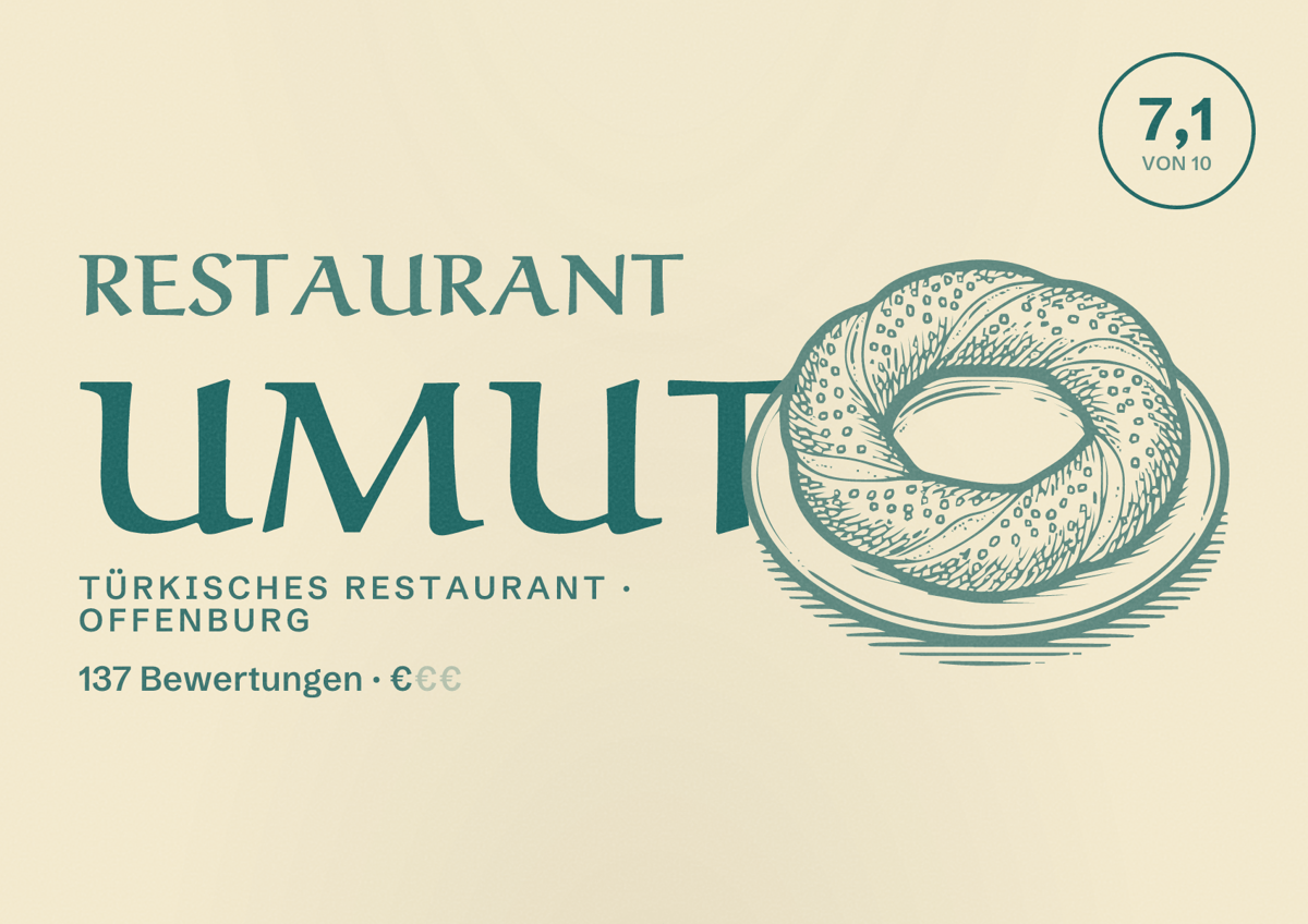 Illustriertes Poster von Restaurant Umut, Türkisches Restaurant in Offenburg: Bewertung 7,1 von 10 aus 137 Bewertungen, Preisniveau €