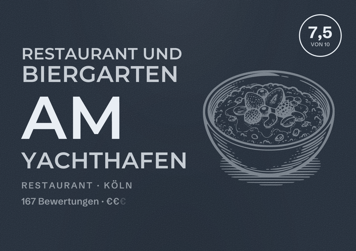 Illustriertes Poster von Restaurant und Biergarten Am Yachthafen, Restaurant in Köln: Bewertung 7,5 von 10 aus 167 Bewertungen, Preisniveau €€