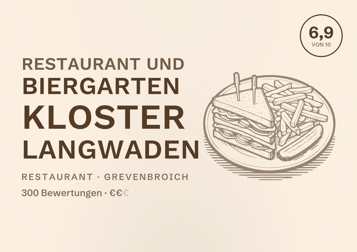 Illustriertes Poster von Restaurant und Biergarten Kloster Langwaden, Restaurant in Grevenbroich: Bewertung 6,9 von 10 aus 300 Bewertungen, Preisniveau €€