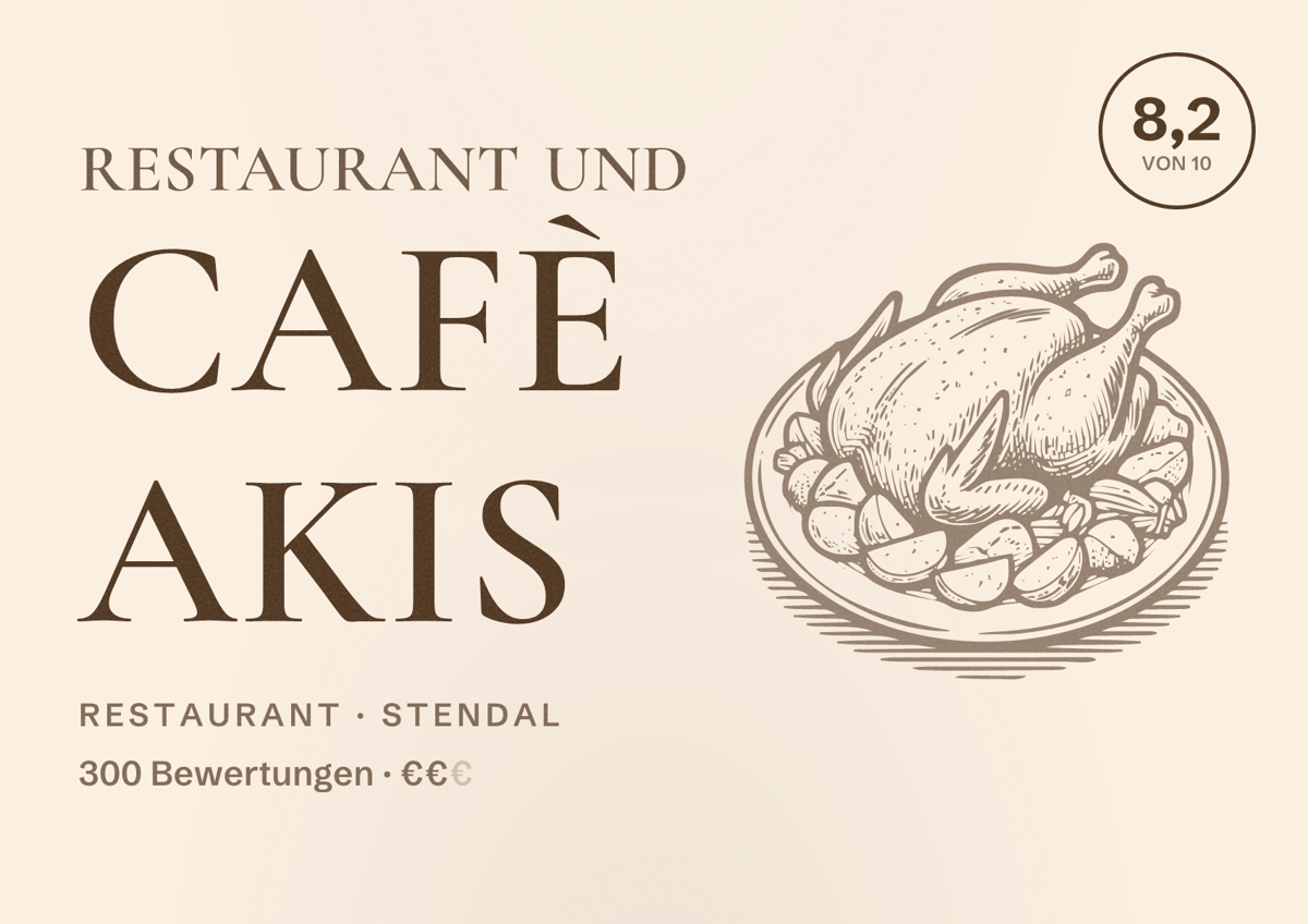 Illustriertes Poster von Restaurant und Cafè AKIS, Restaurant in Stendal: Bewertung 8,2 von 10 aus 300 Bewertungen, Preisniveau €€