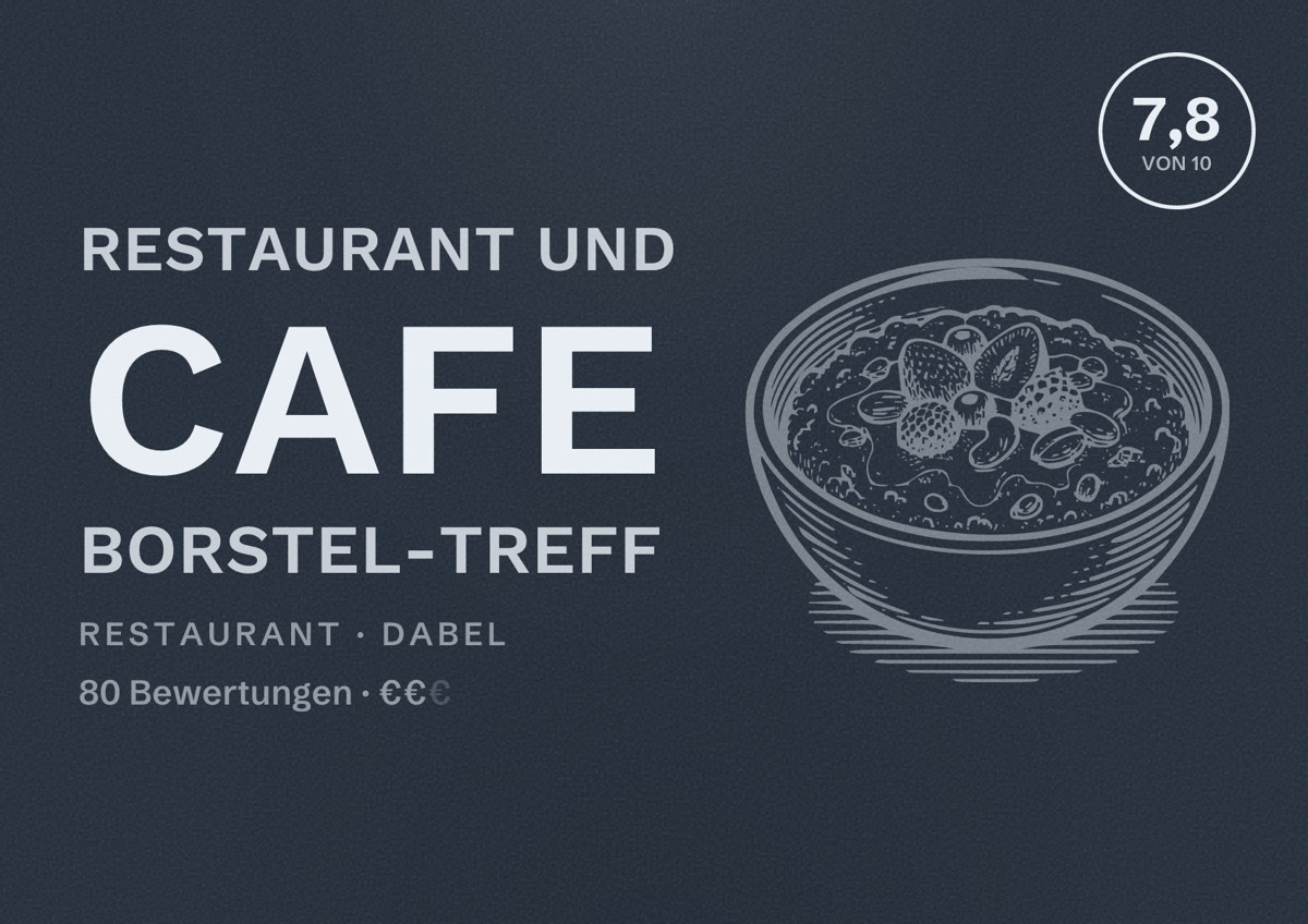 Illustriertes Poster von Restaurant und Cafe Borstel-Treff, Restaurant in Dabel: Bewertung 7,8 von 10 aus 80 Bewertungen, Preisniveau €€
