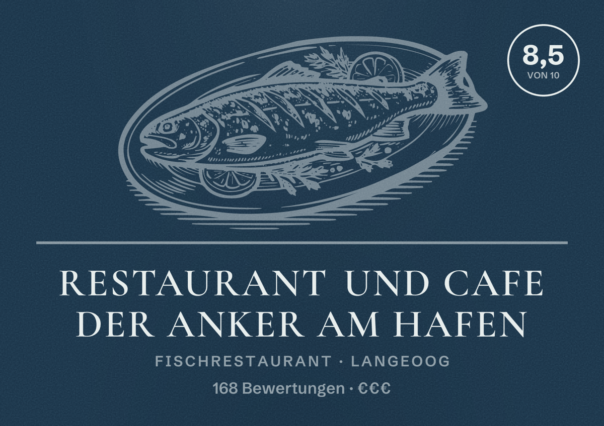 Illustriertes Poster von Restaurant und Cafe der Anker am Hafen, Fischrestaurant in Langeoog: Bewertung 8,5 von 10 aus 168 Bewertungen, Preisniveau €€€