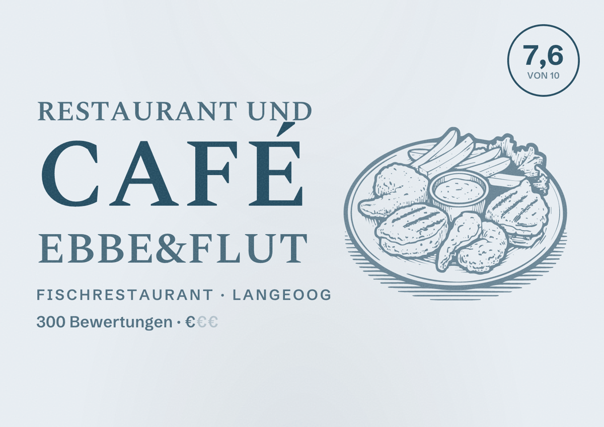 Illustriertes Poster von Restaurant und Café Ebbe&Flut, Fischrestaurant in Langeoog: Bewertung 7,6 von 10 aus 300 Bewertungen, Preisniveau €