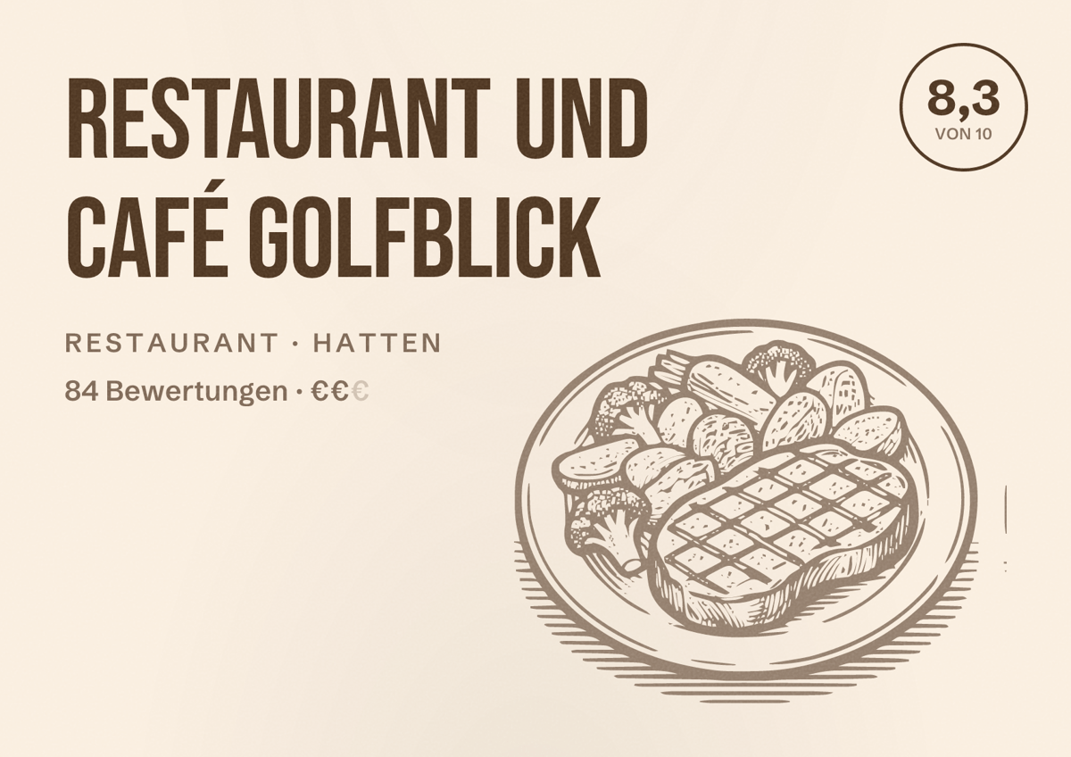 Illustriertes Poster von Restaurant und Café Golfblick, Restaurant in Hatten: Bewertung 8,3 von 10 aus 84 Bewertungen, Preisniveau €€