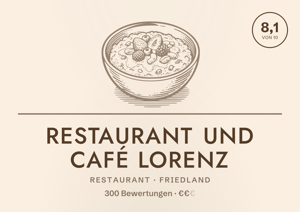 Illustriertes Poster von Restaurant und Café Lorenz, Restaurant in Friedland: Bewertung 8,1 von 10 aus 300 Bewertungen, Preisniveau €€