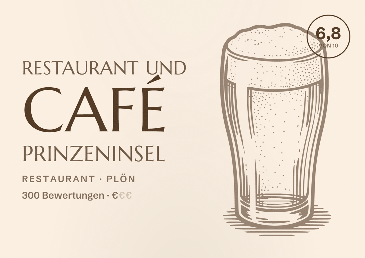 Illustriertes Poster von Restaurant und Café Prinzeninsel, Restaurant in Plön: Bewertung 6,8 von 10 aus 300 Bewertungen, Preisniveau €