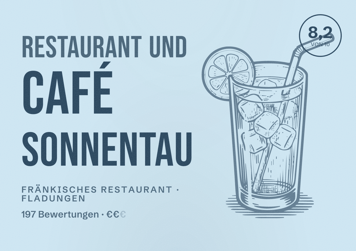 Illustriertes Poster von Restaurant und Café Sonnentau, Fränkisches Restaurant in Fladungen: Bewertung 8,2 von 10 aus 197 Bewertungen, Preisniveau €€