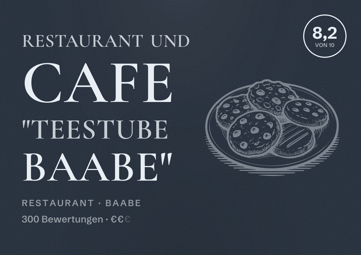 Illustriertes Poster von Restaurant und Cafe "Teestube Baabe", Restaurant in Baabe: Bewertung 8,2 von 10 aus 300 Bewertungen, Preisniveau €€