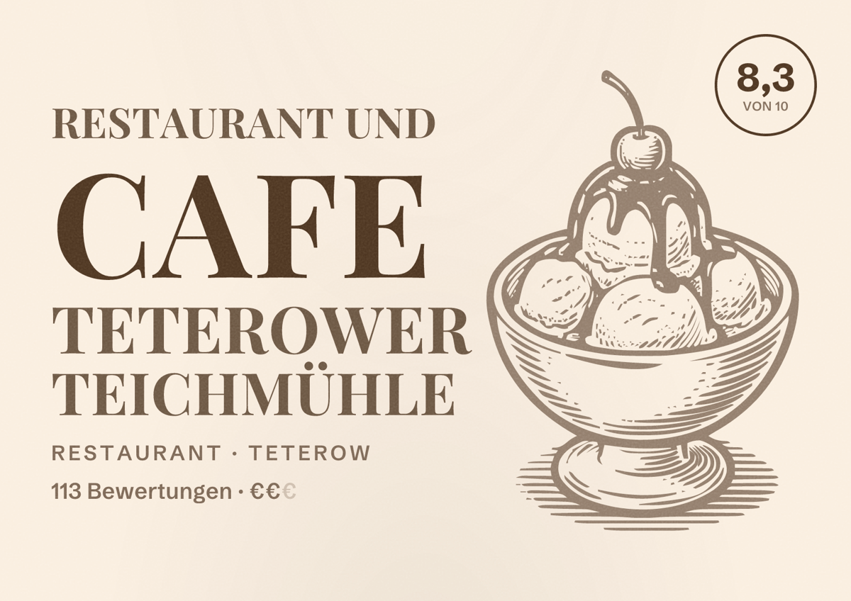 Illustriertes Poster von Restaurant und Cafe Teterower Teichmühle, Restaurant in Teterow: Bewertung 8,3 von 10 aus 113 Bewertungen, Preisniveau €€