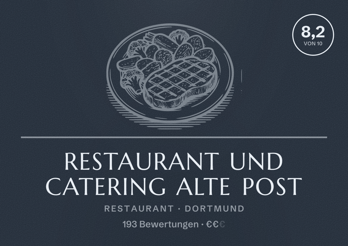 Illustriertes Poster von Restaurant und Catering Alte Post, Restaurant in Dortmund: Bewertung 8,2 von 10 aus 193 Bewertungen, Preisniveau €€