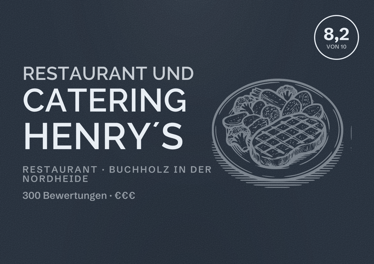Illustriertes Poster von Restaurant und Catering Henry´s, Restaurant in Buchholz in der Nordheide: Bewertung 8,2 von 10 aus 300 Bewertungen, Preisniveau €€€