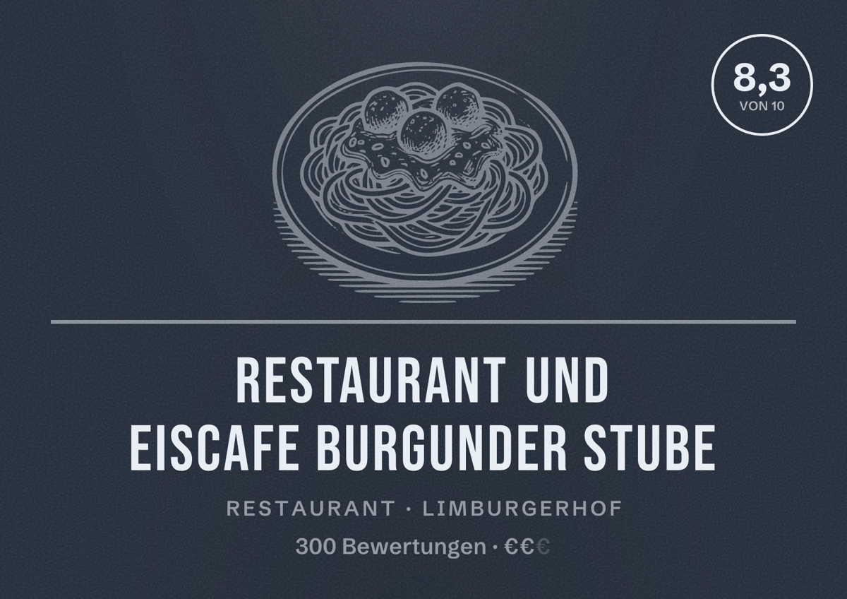 Illustriertes Poster von Restaurant und Eiscafe Burgunder Stube, Restaurant in Limburgerhof: Bewertung 8,3 von 10 aus 300 Bewertungen, Preisniveau €€