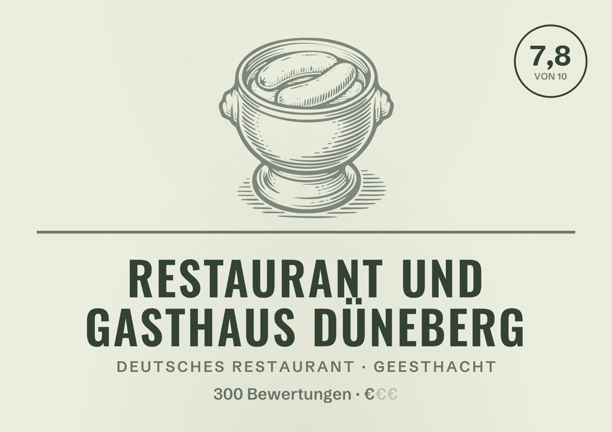 Illustriertes Poster von Restaurant und Gasthaus Düneberg, Deutsches Restaurant in Geesthacht: Bewertung 7,8 von 10 aus 300 Bewertungen, Preisniveau €