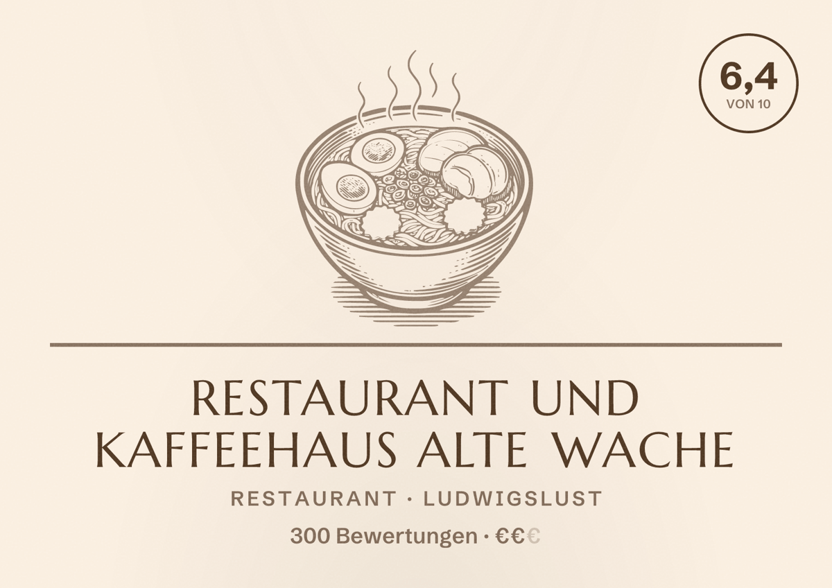 Illustriertes Poster von Restaurant und Kaffeehaus Alte Wache, Restaurant in Ludwigslust: Bewertung 6,4 von 10 aus 300 Bewertungen, Preisniveau €€