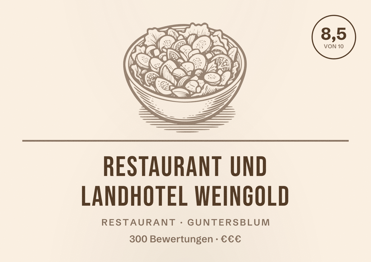 Illustriertes Poster von Restaurant und Landhotel Weingold, Restaurant in Guntersblum: Bewertung 8,5 von 10 aus 300 Bewertungen, Preisniveau €€€