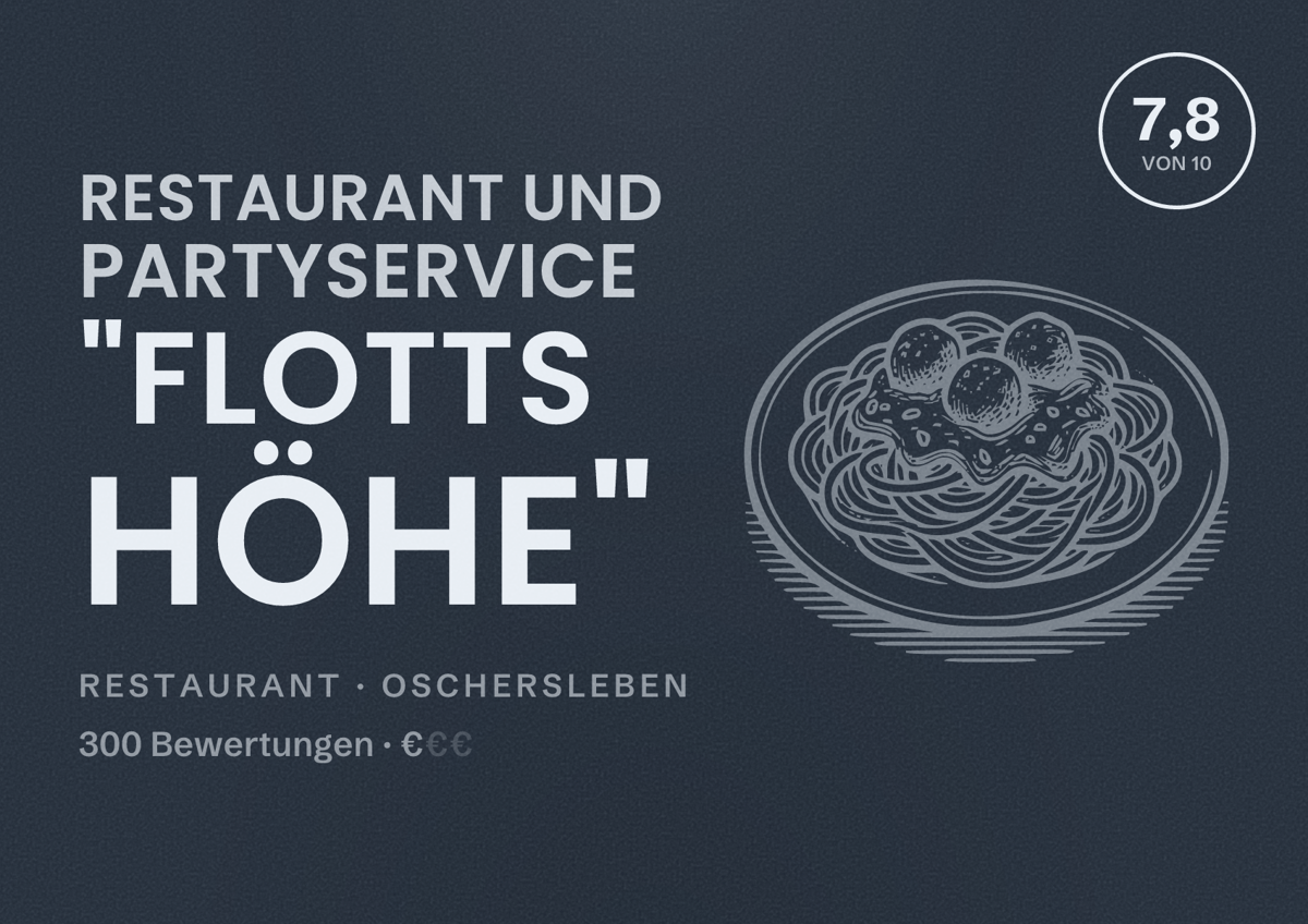 Illustriertes Poster von Restaurant und Partyservice "Flotts Höhe", Restaurant in Oschersleben: Bewertung 7,8 von 10 aus 300 Bewertungen, Preisniveau €