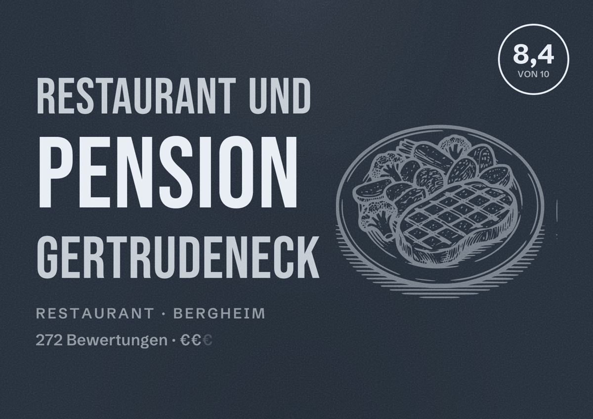 Illustriertes Poster von Restaurant und Pension Gertrudeneck, Restaurant in Bergheim: Bewertung 8,4 von 10 aus 272 Bewertungen, Preisniveau €€