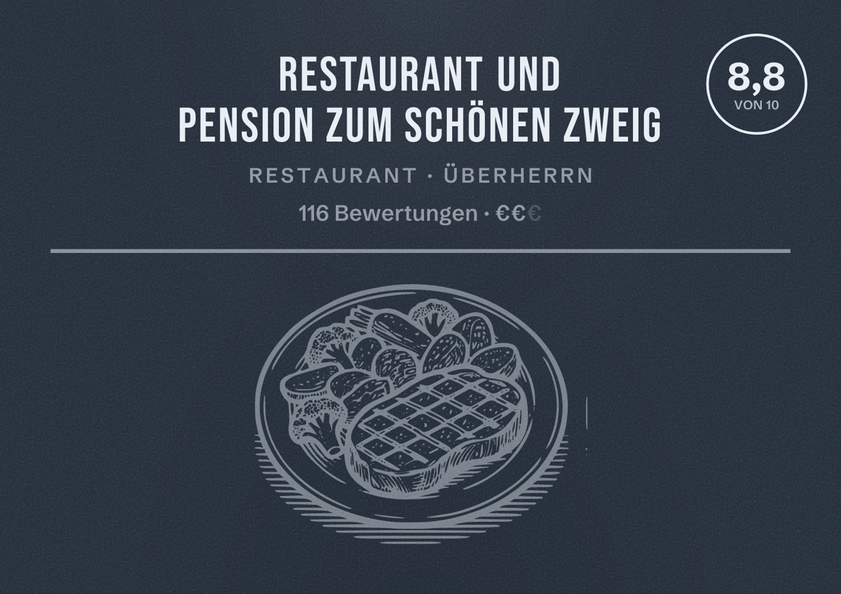 Illustriertes Poster von Restaurant und Pension Zum Schönen Zweig, Restaurant in Überherrn: Bewertung 8,8 von 10 aus 116 Bewertungen, Preisniveau €€