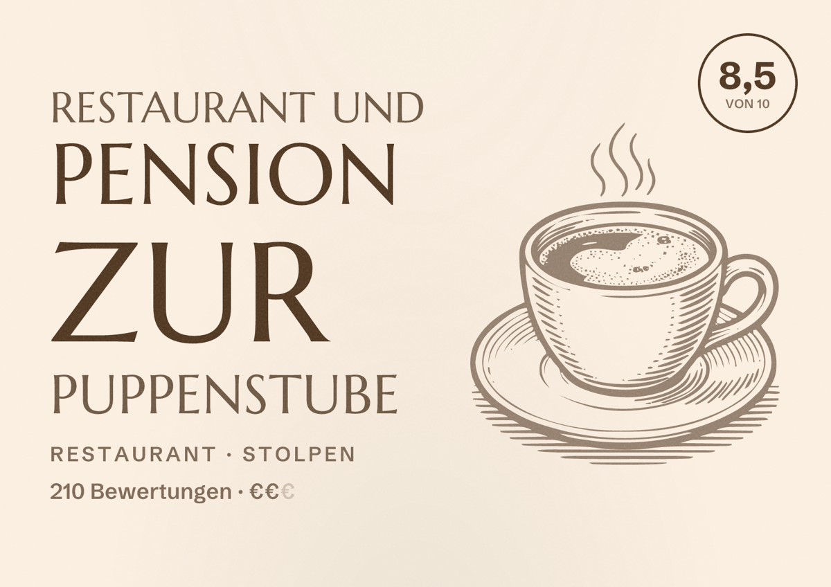 Illustriertes Poster von Restaurant und Pension Zur Puppenstube, Restaurant in Stolpen: Bewertung 8,5 von 10 aus 210 Bewertungen, Preisniveau €€