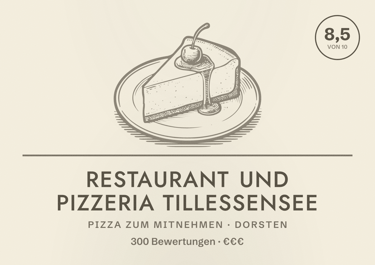Illustriertes Poster von Restaurant und Pizzeria Tillessensee, Pizza zum Mitnehmen in Dorsten: Bewertung 8,5 von 10 aus 300 Bewertungen, Preisniveau €€€