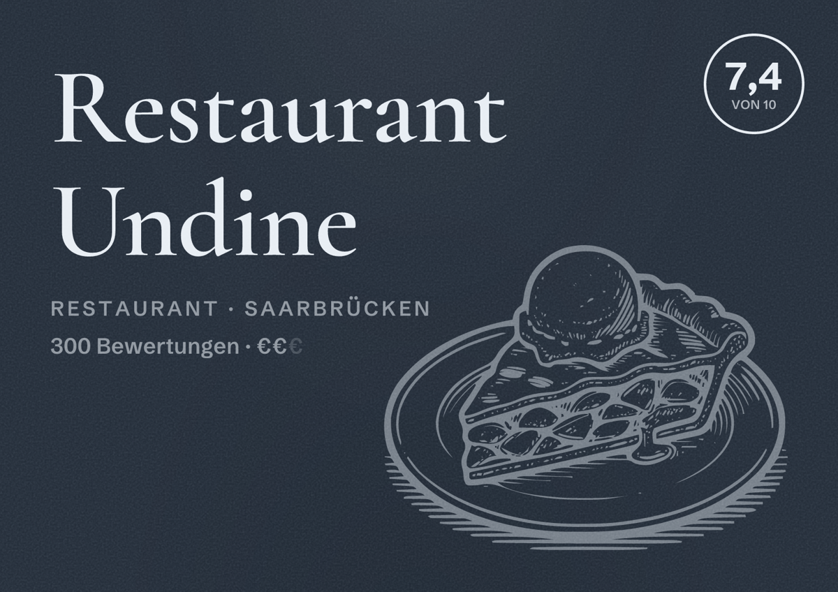 Illustriertes Poster von Restaurant Undine, Restaurant in Saarbrücken: Bewertung 7,4 von 10 aus 300 Bewertungen, Preisniveau €€