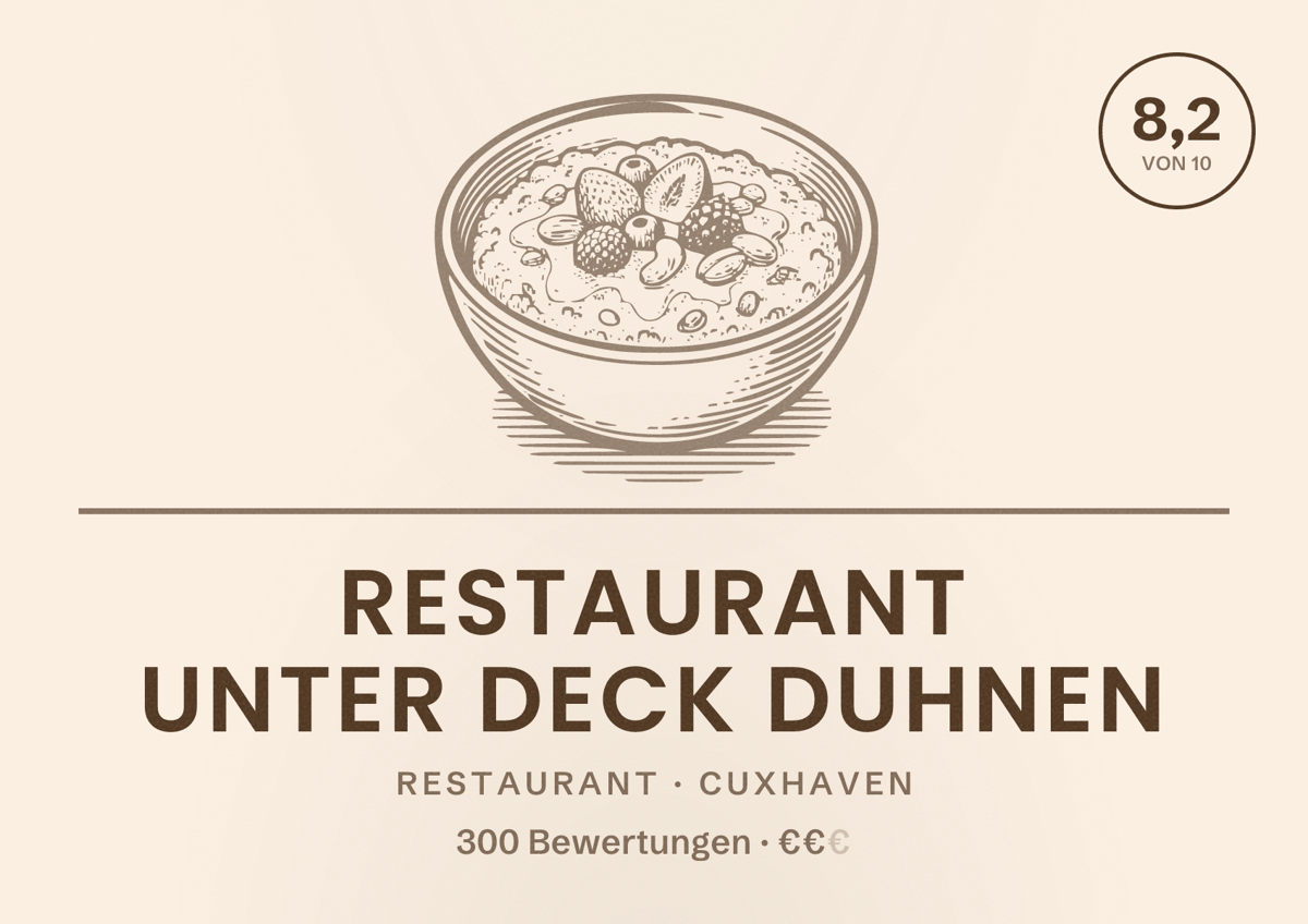 Illustriertes Poster von Restaurant Unter Deck Duhnen, Restaurant in Cuxhaven: Bewertung 8,2 von 10 aus 300 Bewertungen, Preisniveau €€