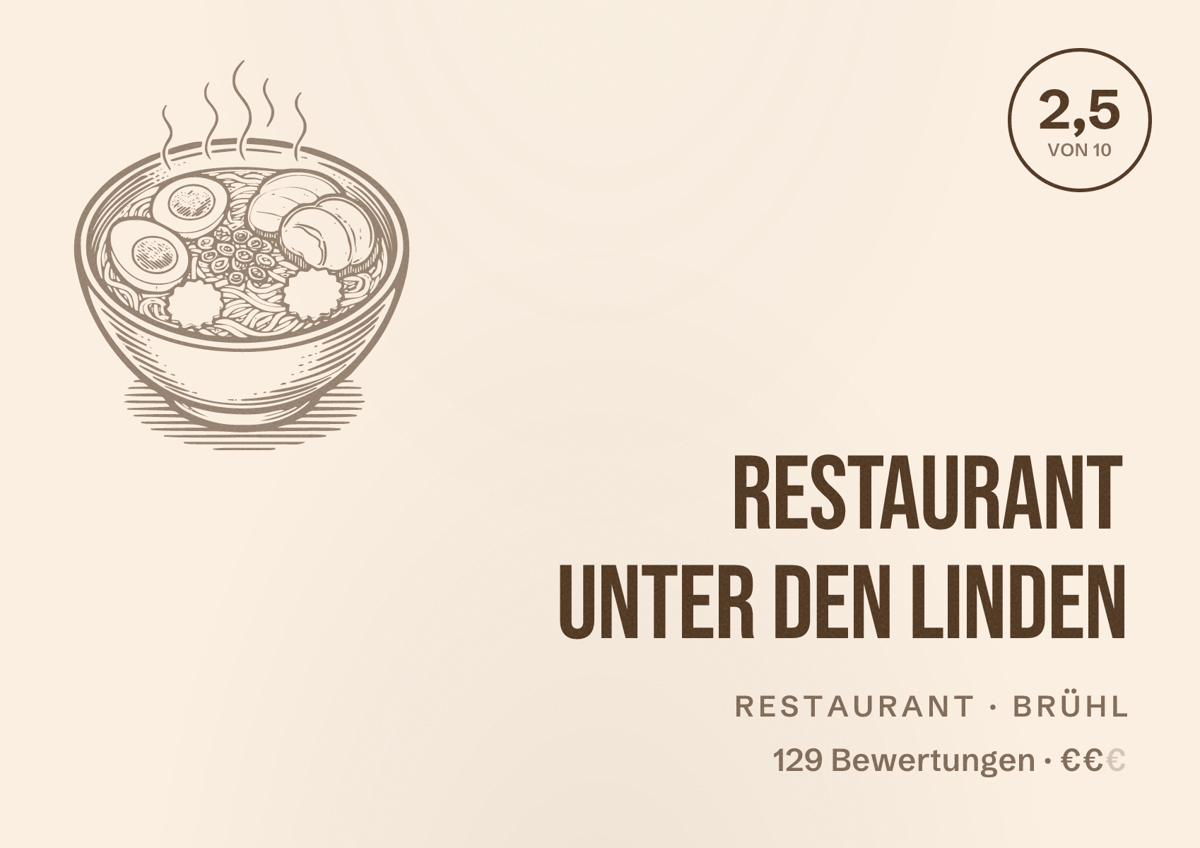 Illustriertes Poster von Restaurant Unter den Linden, Restaurant in Brühl: Bewertung 2,5 von 10 aus 129 Bewertungen, Preisniveau €€