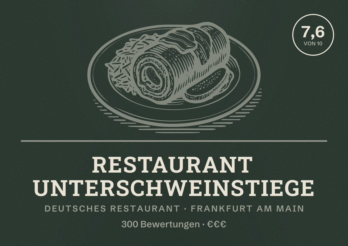 Illustriertes Poster von Restaurant Unterschweinstiege, Deutsches Restaurant in Frankfurt am Main: Bewertung 7,6 von 10 aus 300 Bewertungen, Preisniveau €€€