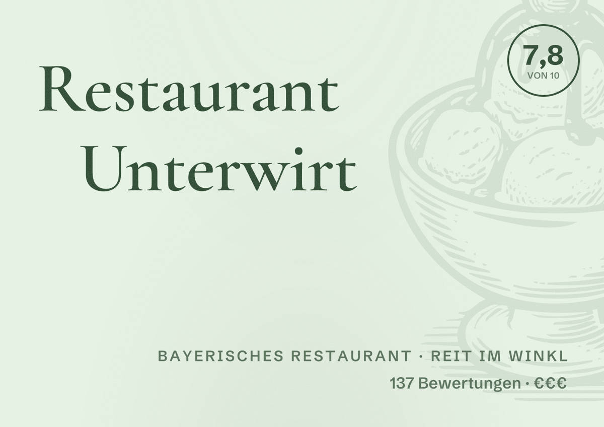 Illustriertes Poster von Restaurant Unterwirt, Bayerisches Restaurant in Reit im Winkl: Bewertung 7,8 von 10 aus 137 Bewertungen, Preisniveau €€€