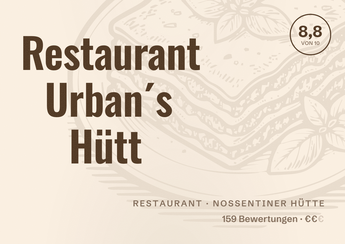 Illustriertes Poster von Restaurant Urban´s Hütt, Restaurant in Nossentiner Hütte: Bewertung 8,8 von 10 aus 159 Bewertungen, Preisniveau €€