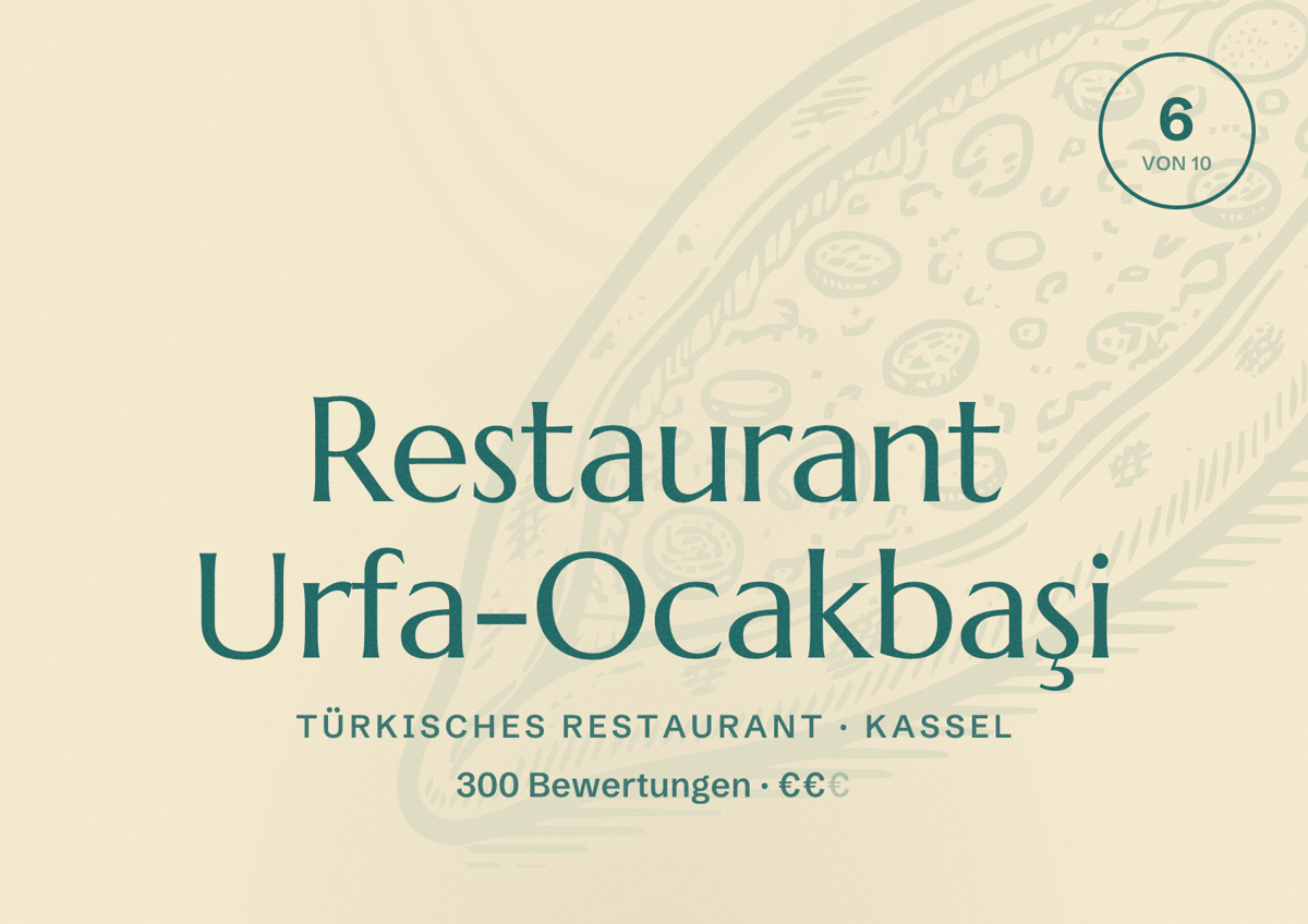 Illustriertes Poster von Restaurant Urfa-Ocakbaşi, Türkisches Restaurant in Kassel: Bewertung 6 von 10 aus 300 Bewertungen, Preisniveau €€