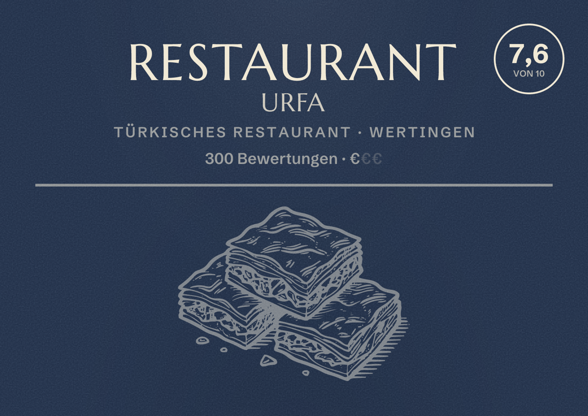 Illustriertes Poster von Restaurant Urfa, Türkisches Restaurant in Wertingen: Bewertung 7,6 von 10 aus 300 Bewertungen, Preisniveau €