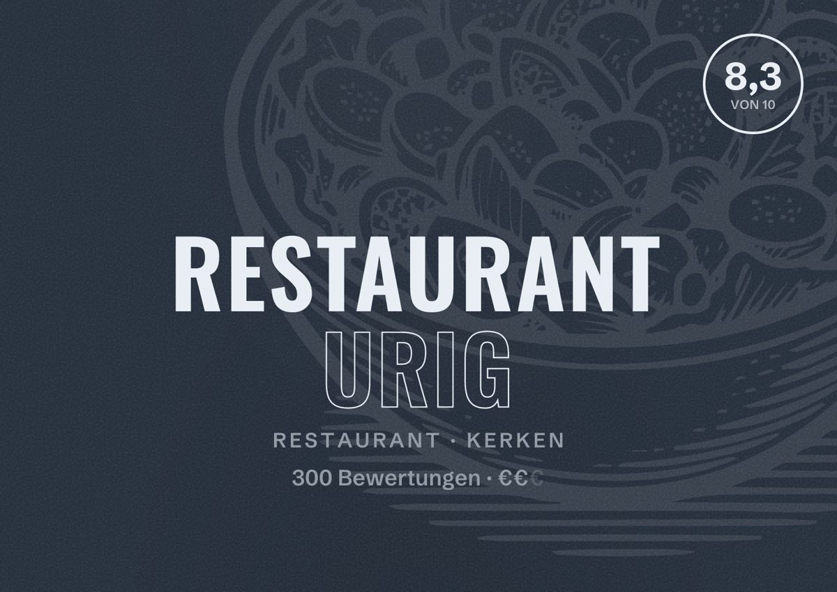 Illustriertes Poster von Restaurant Urig, Restaurant in Kerken: Bewertung 8,3 von 10 aus 300 Bewertungen, Preisniveau €€