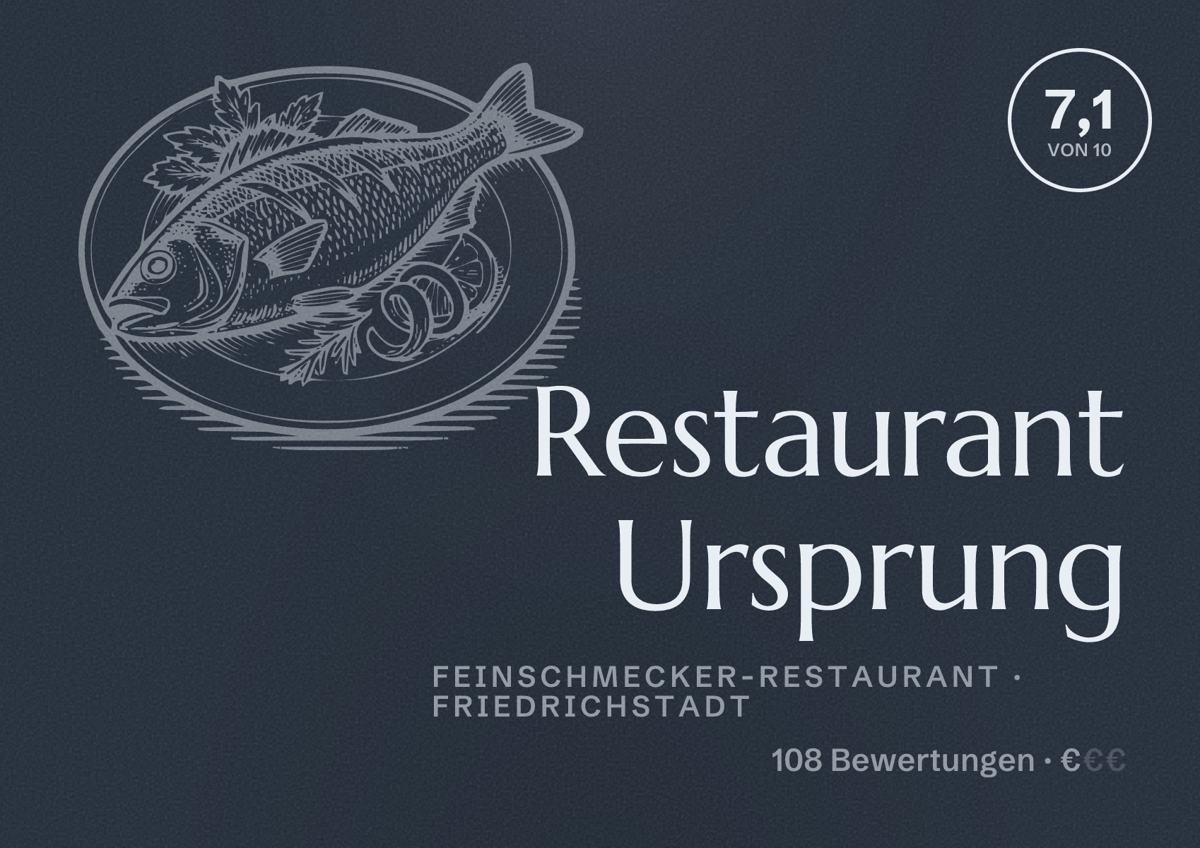 Illustriertes Poster von Restaurant Ursprung, Feinschmecker-Restaurant in Friedrichstadt: Bewertung 7,1 von 10 aus 108 Bewertungen, Preisniveau €